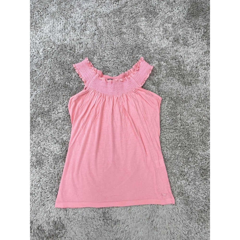 Vineyard Vines Shirt Womens Medium Pink Smocked Ruffle Sleeveless Whale Logo